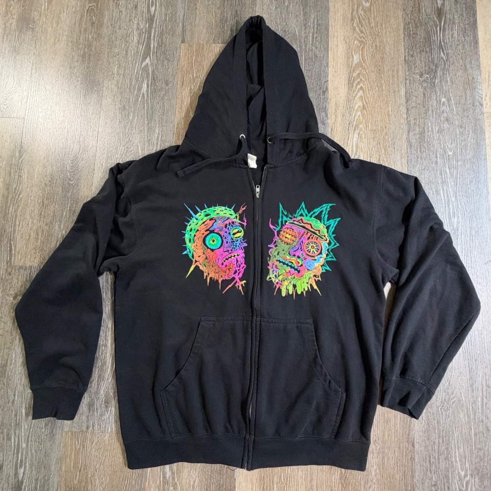 Independent Rick and Morty Zip Hoodie Mens Large Black Neon Trippy Graphic